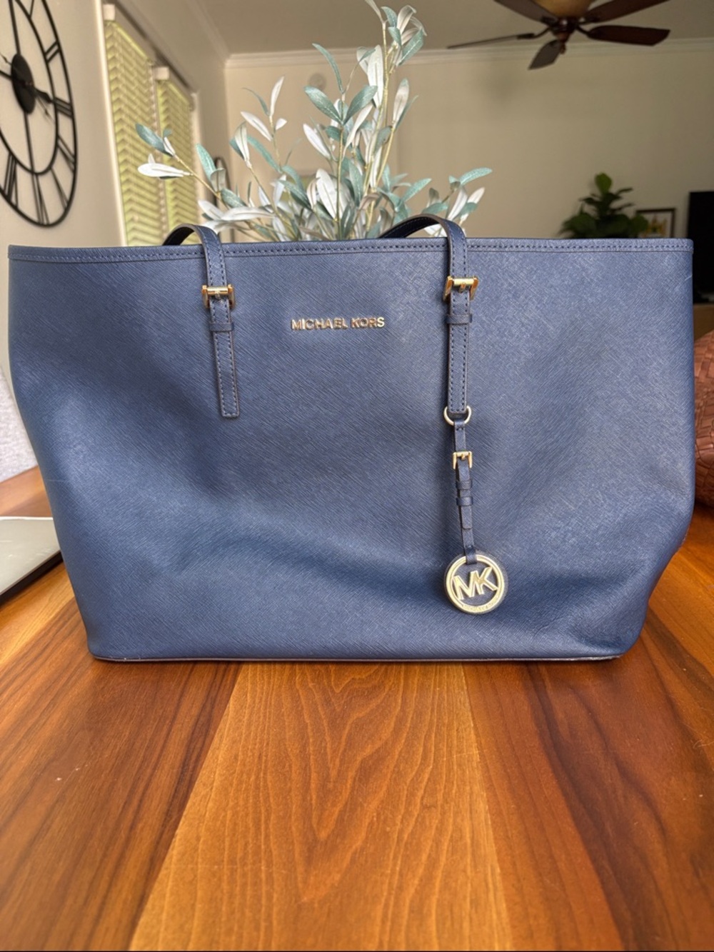 Michael Kors Navy Saffiano Leather Tote with Gold Accents